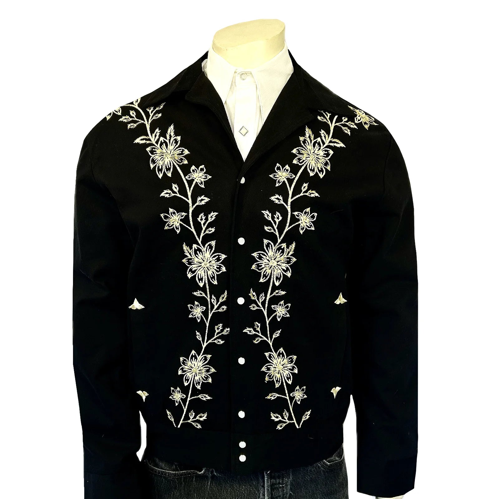 Rockmount Ranch Wear Mens Western Bolero Jacket Ivory Floral Embridery Front