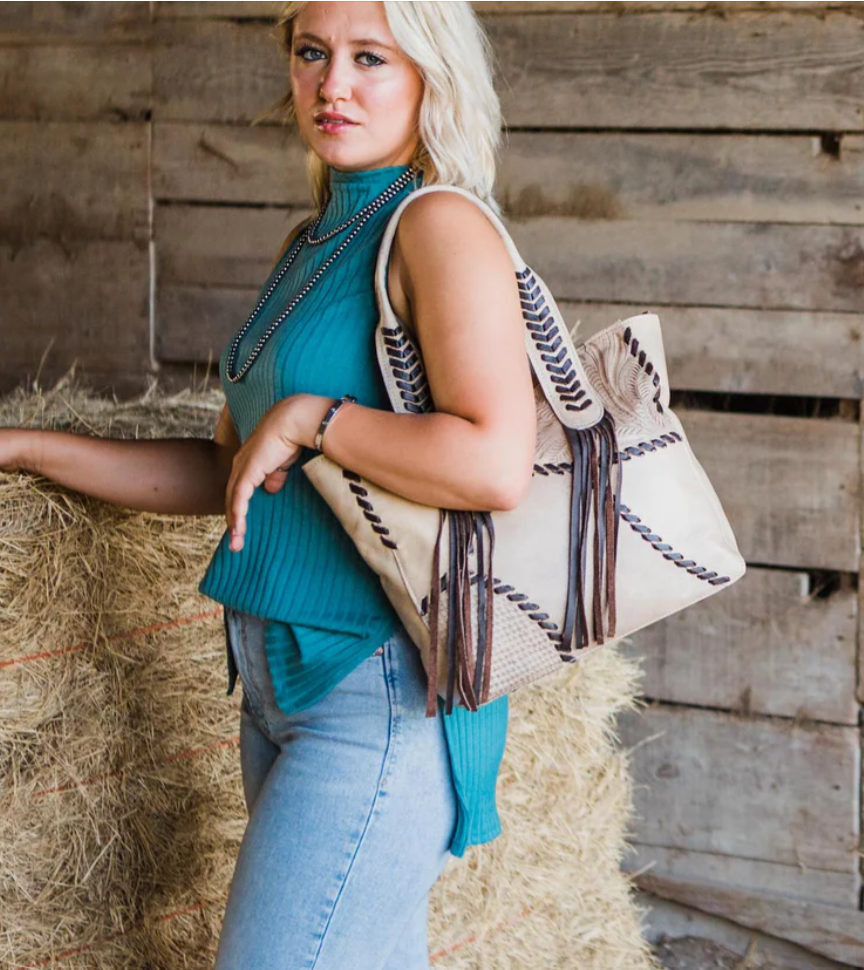 American West Handbag Gypsy Patch Collection: Leather Large Zip Top Tote