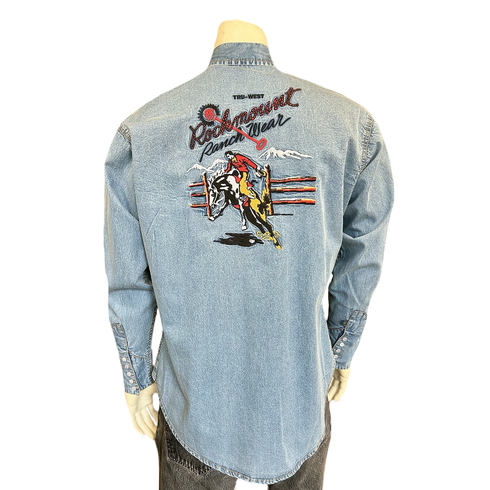 Vintage Inspired Western Shirt Men's Rockmount Embroidered Shirt Bucking Bronc Denim Front