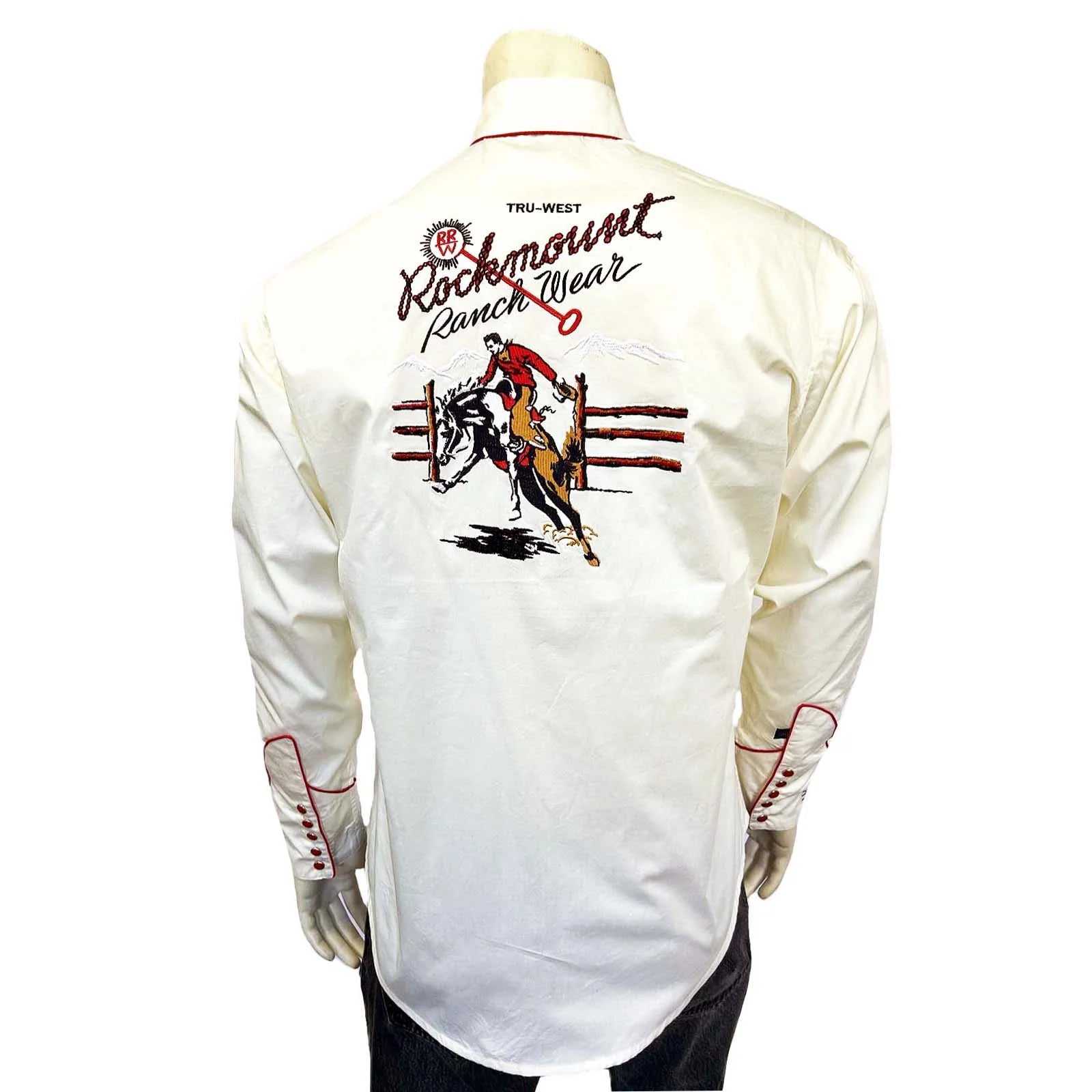 Rockmount Ranch Wear Mens Vintage Western Shirt Rockmount Bronc Logo Ivory Back