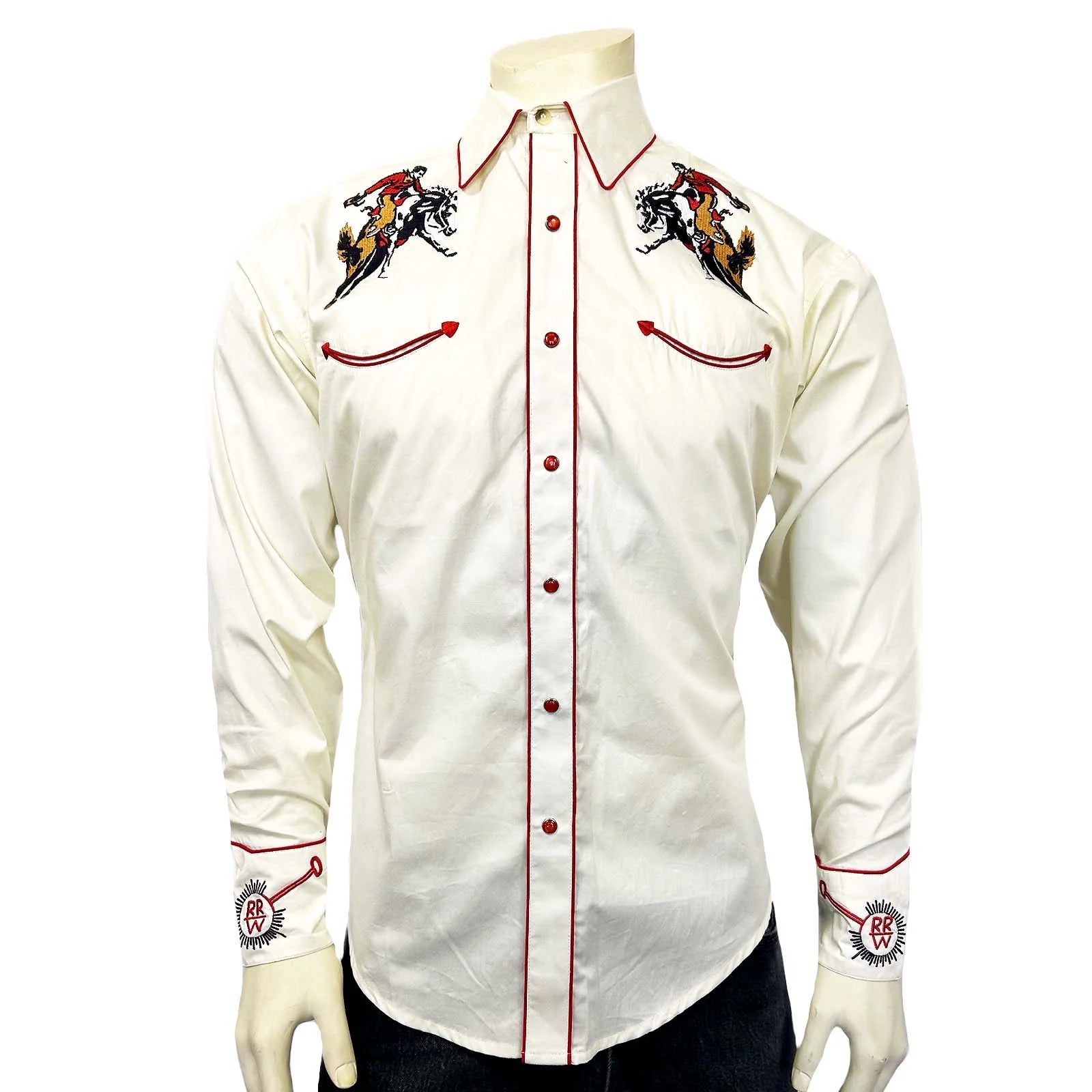 Rockmount Ranch Wear Mens Vintage Western Shirt Rockmount Bronc Logo Ivory Front