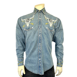 Rockmount Men's Vintage Inspired Steer Skull Arrows Denim Front