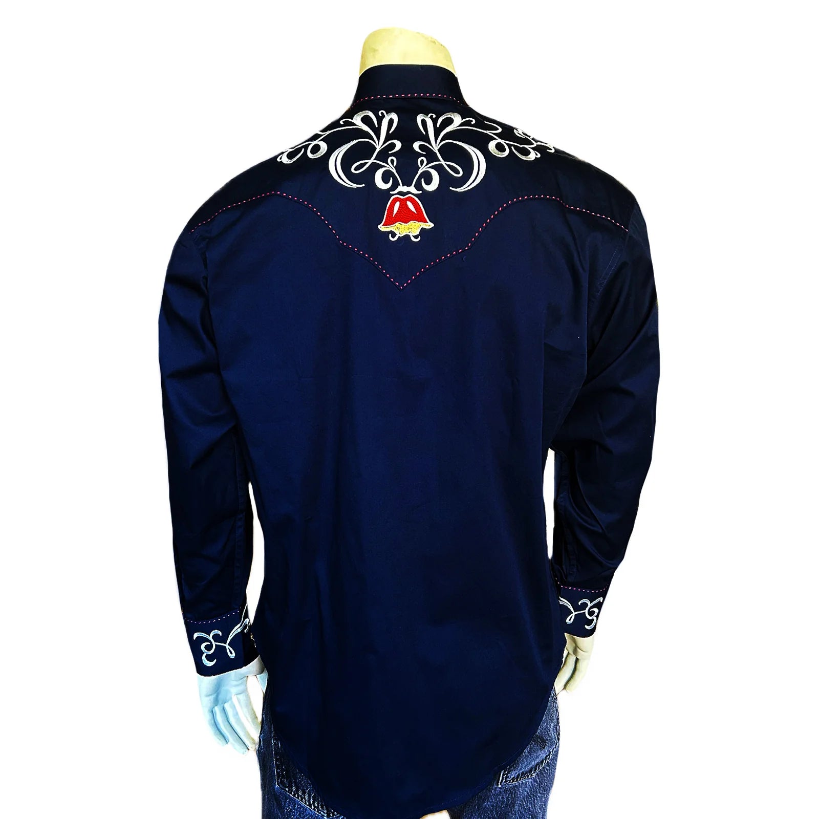 Vintage Inspired Western Shirt Men's Rockmount Art Deco Tulip Navy Front on Mannequin