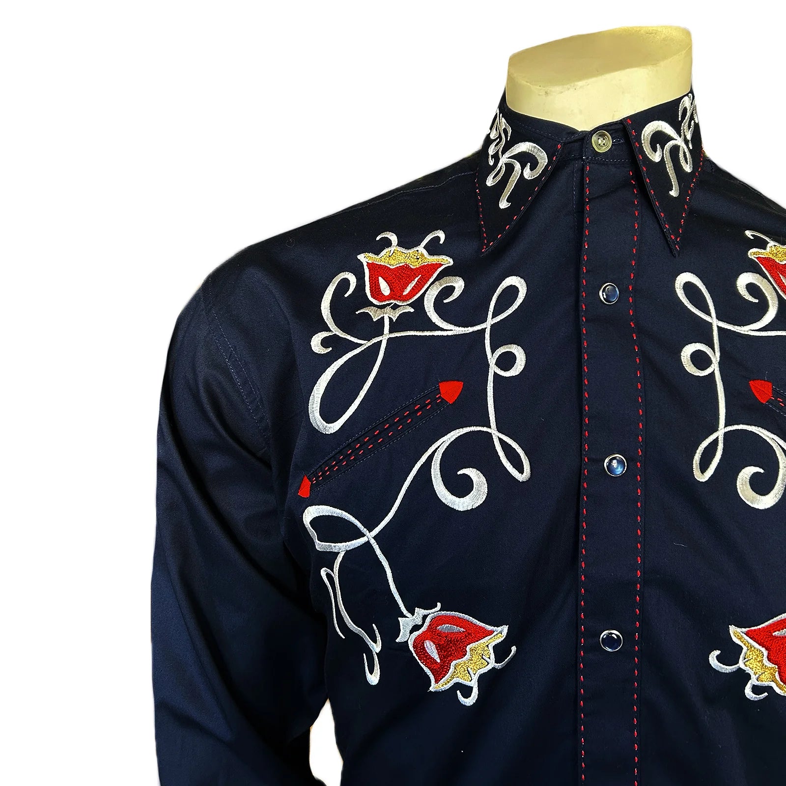 Vintage Inspired Western Shirt Men's Rockmount Art Deco Tulip Navy Front on Mannequin