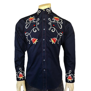 Vintage Inspired Western Shirt Men's Rockmount Art Deco Tulip Navy Front on Mannequin