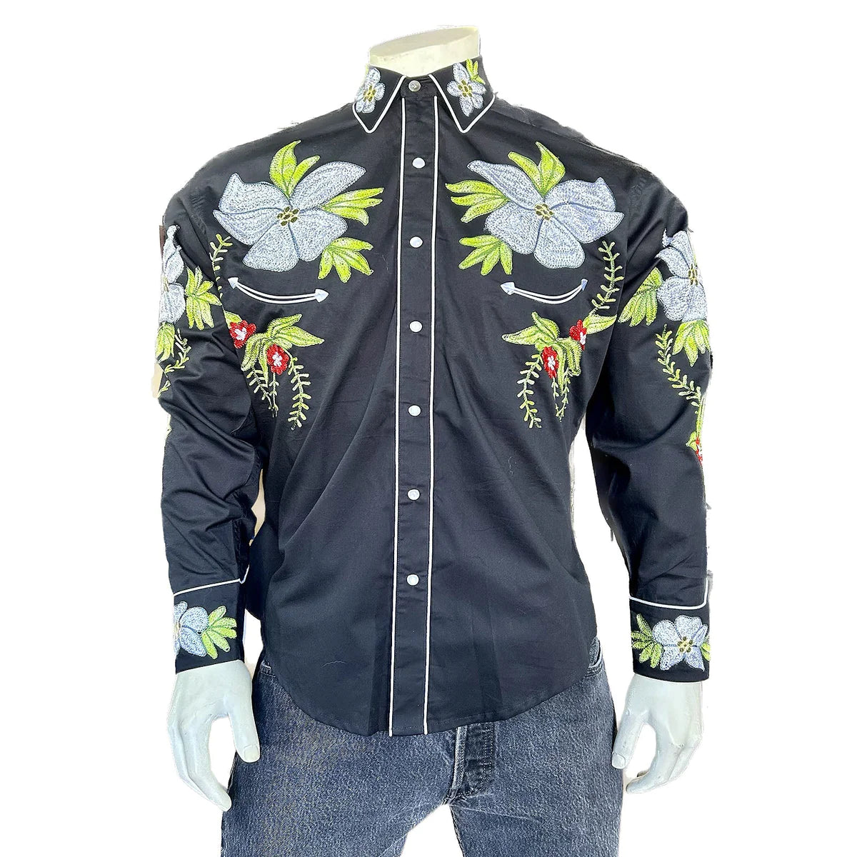 Hawaiian Aloha Shirts Team Roping Black And White Hibiscus