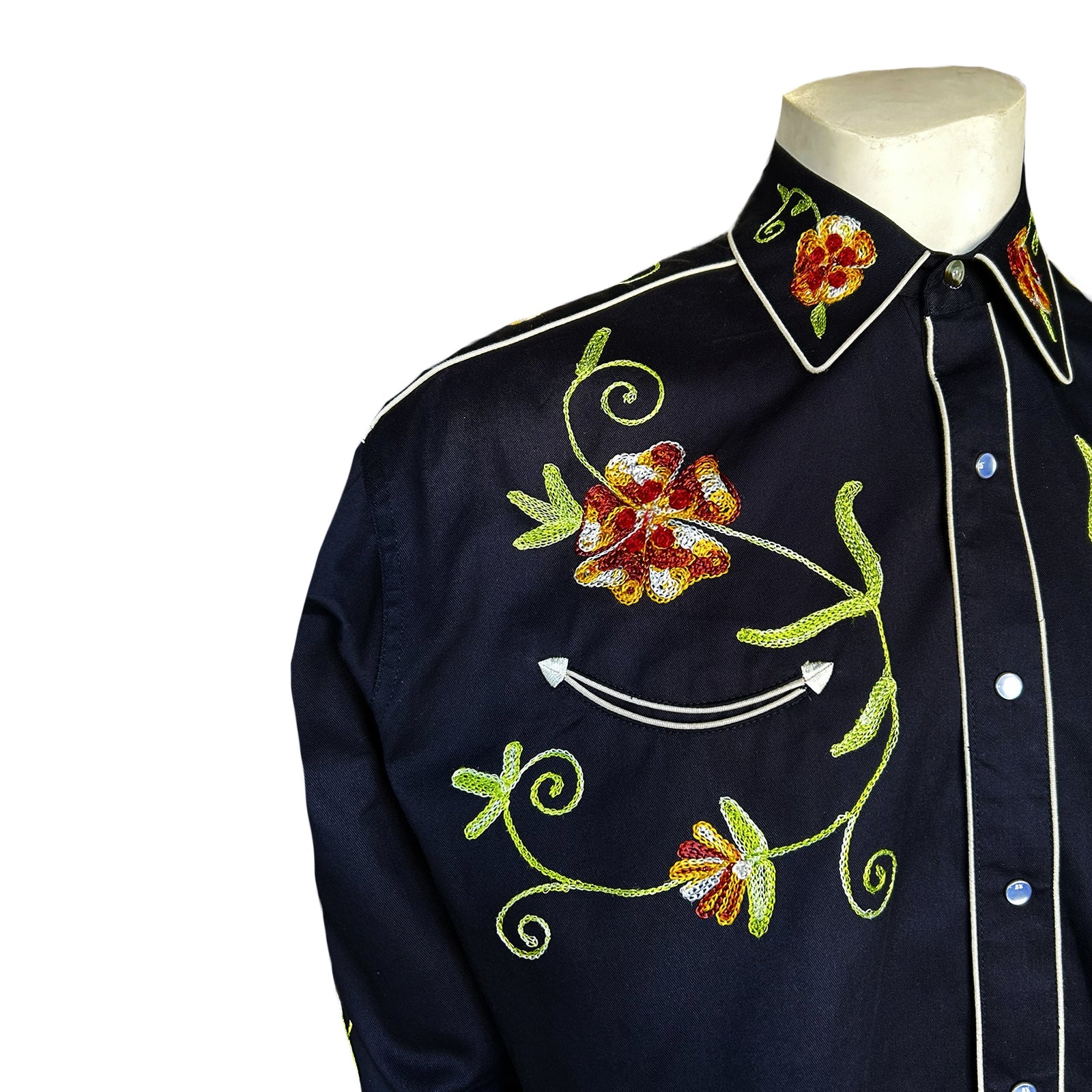 Rockmount Ranch Wear Men's Vintage Western Shirt Floral Embroidery on Black Front