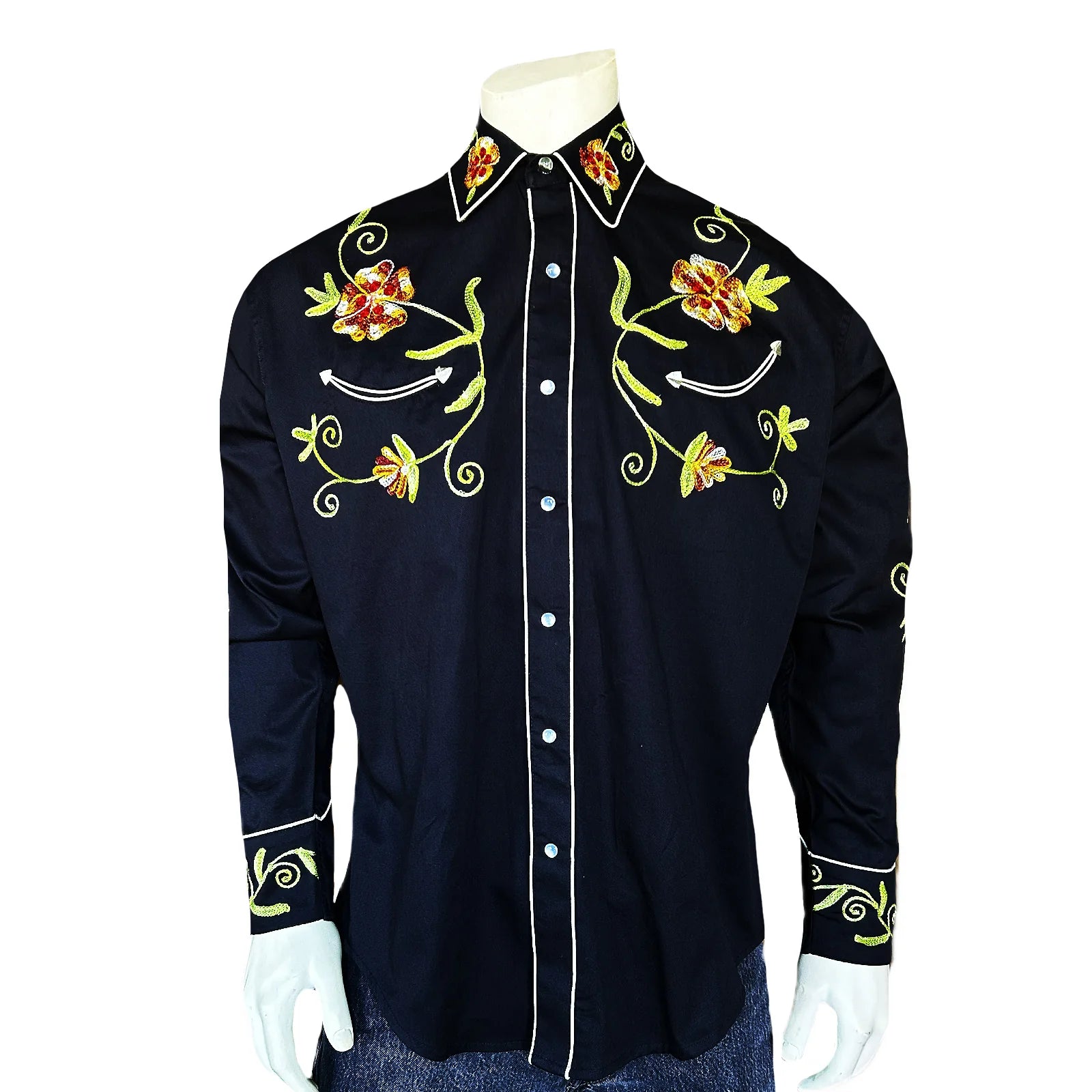 Rockmount Ranch Wear Men's Vintage Western Shirt Floral Embroidery on Black Front