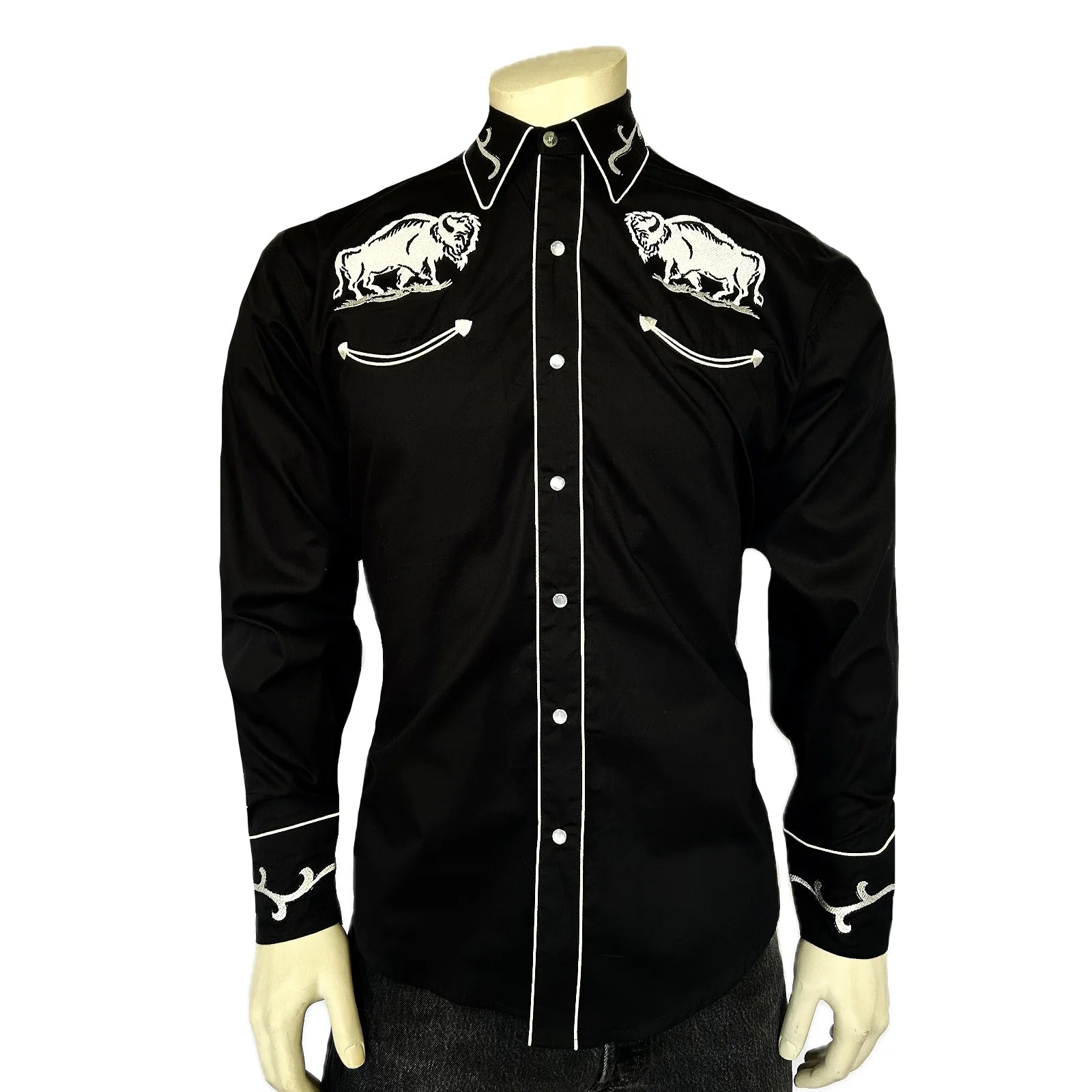 Rockmount Ranch Wear Men's Western Vintage White Bison on Black Front