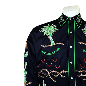 Vintage Inspired Western Shirt: Men's Rockmount Palm Trees & Wagon Wheels Front Black on Model