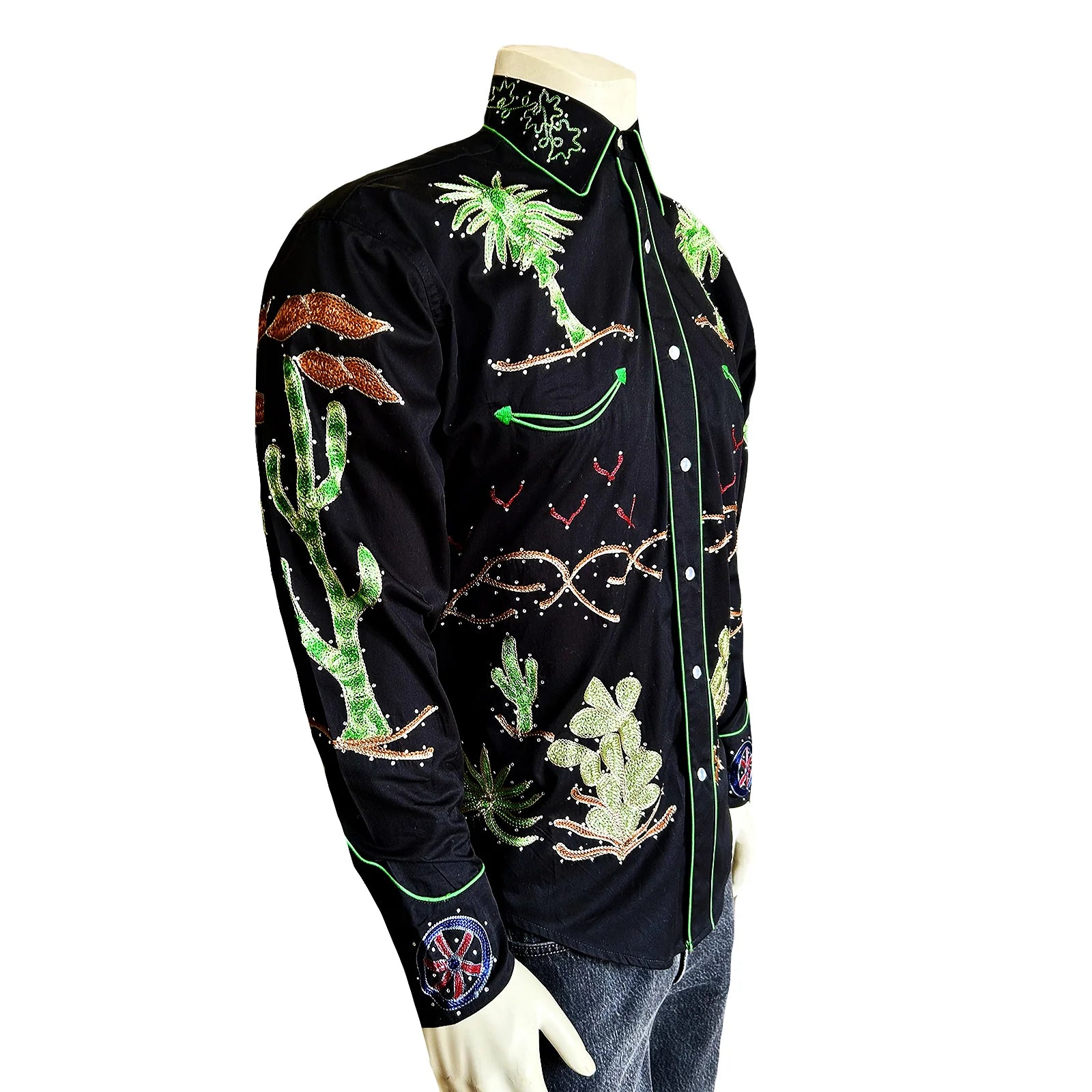 Vintage Inspired Western Shirt: Men's Rockmount Palm Trees & Wagon Wheels Front Black on Model