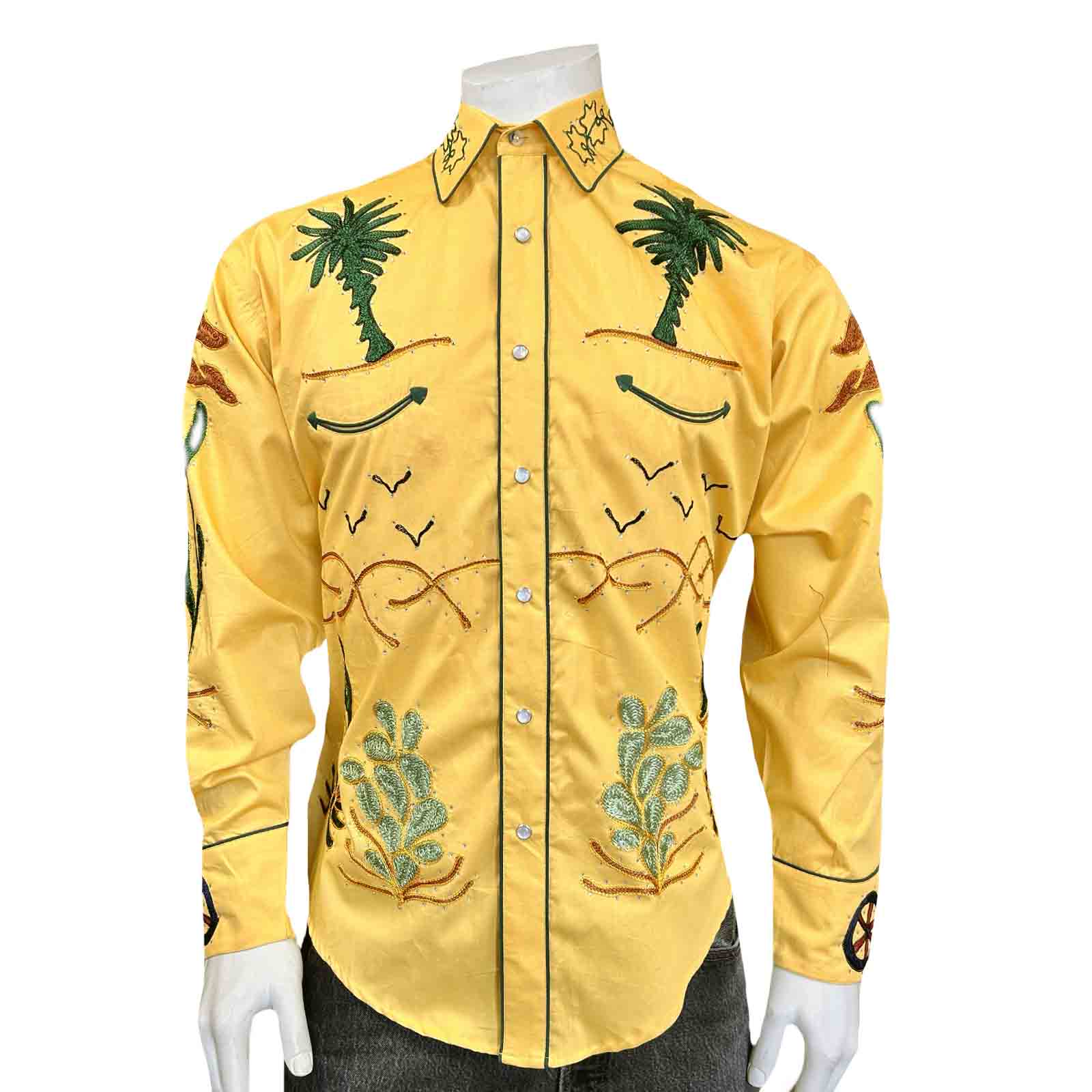 Vintage Inspired Western Shirt Men's Rockmount Embroidery Palm Trees Gold Back on Mannequin