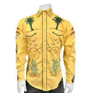 Vintage Inspired Western Shirt Men's Rockmount Embroidery Palm Trees Gold Back on Mannequin