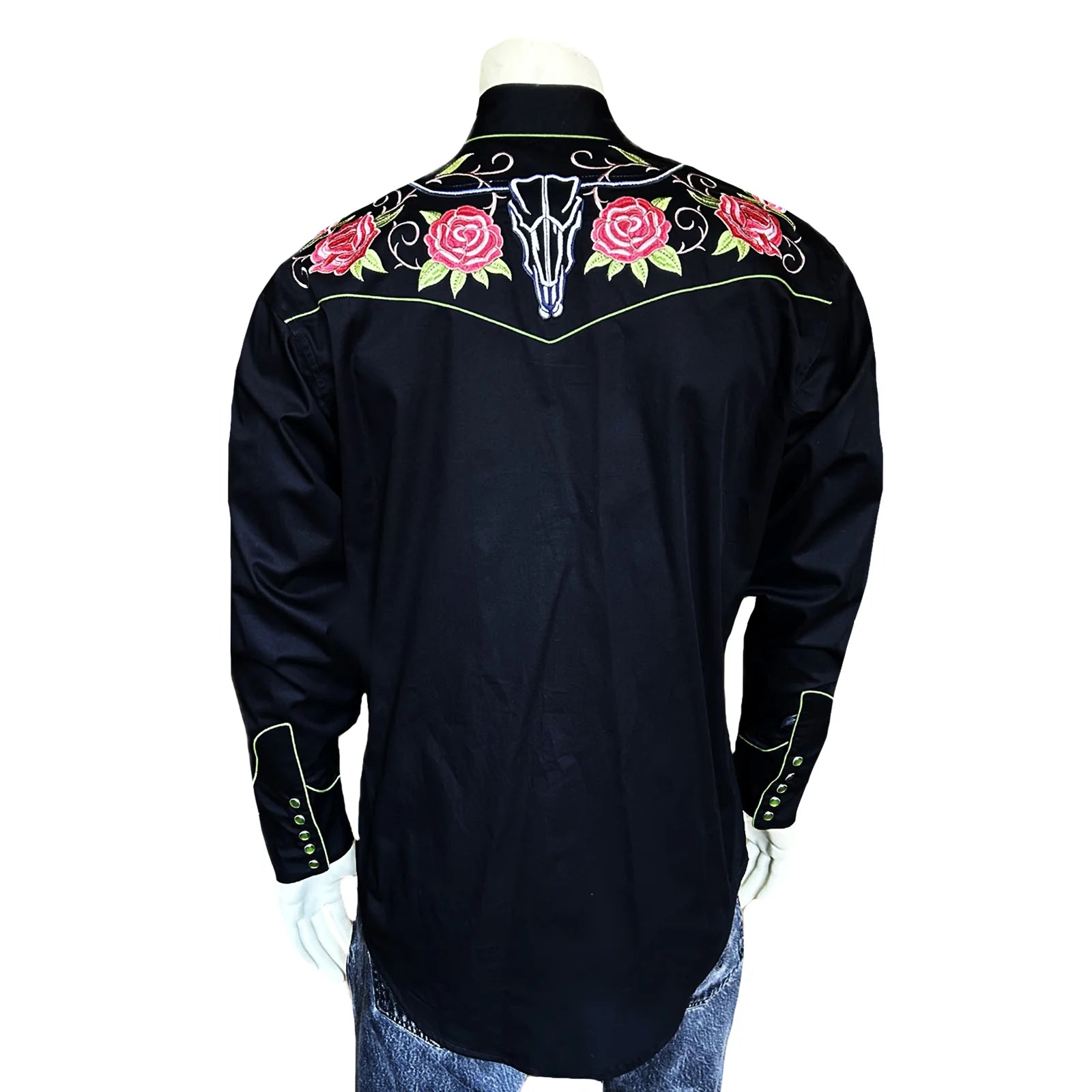 Rockmount Ranch Wear Men's Vintage Western Shirt Floral and Longhorn Steer Skull Black Front