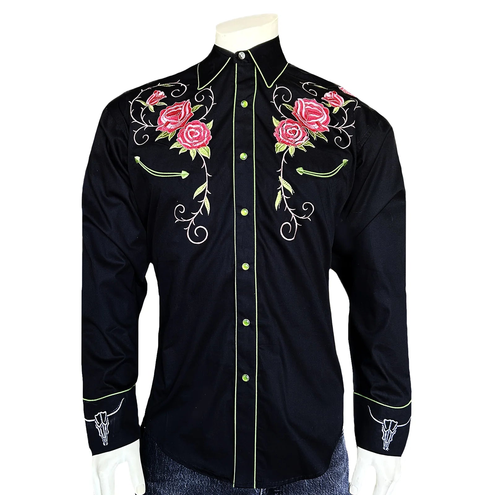 Rockmount Ranch Wear Men's Vintage Western Shirt Floral and Longhorn Steer Skull Black Front