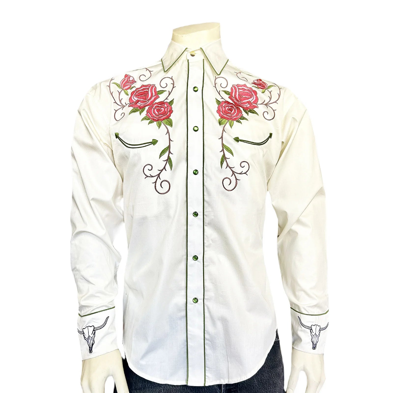 Rockmount Ranch Wear Mens Vintage Embroidery Floral and Longhorn Steer Skull Ivory Front