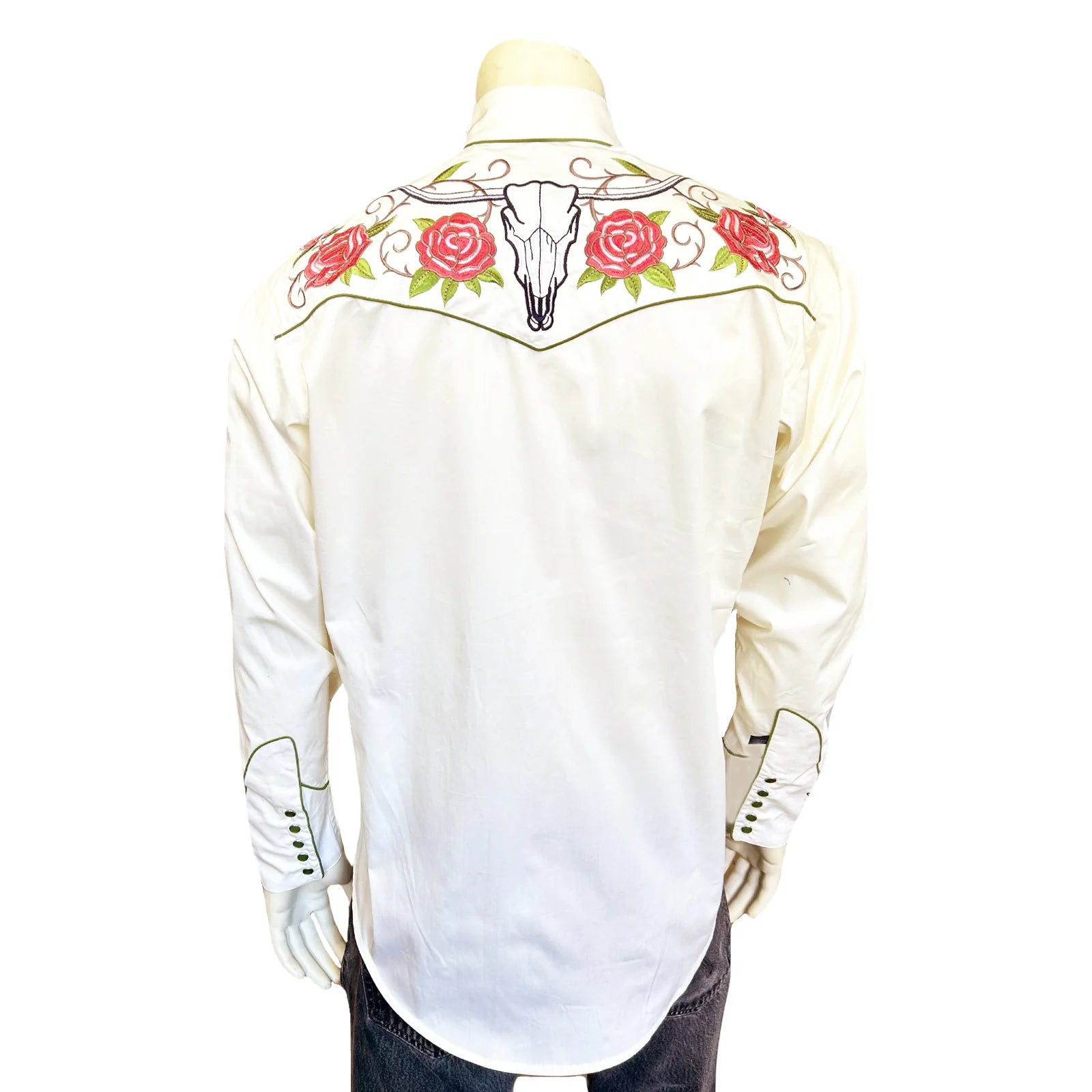 Rockmount Ranch Wear Mens Vintage Embroidery Floral and Longhorn Steer Skull Ivory Front