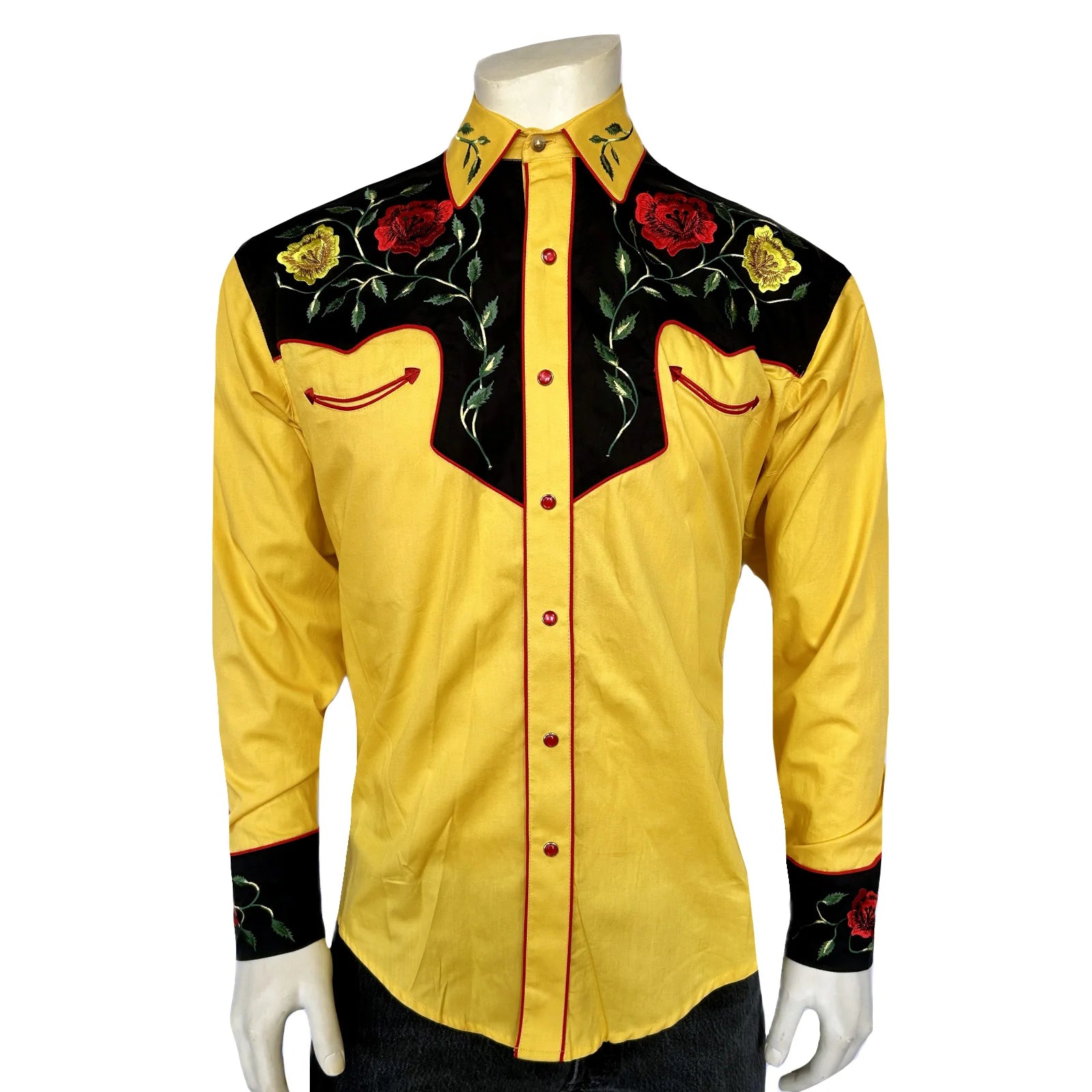 Rockmount Ranch Wear Men's Vintage Western Shirt Floral on Gold Front on Mannequin