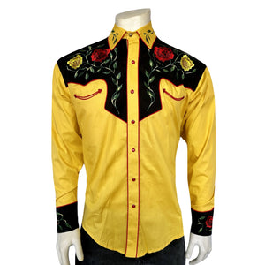 Rockmount Ranch Wear Men's Vintage Western Shirt Floral on Gold Front on Mannequin