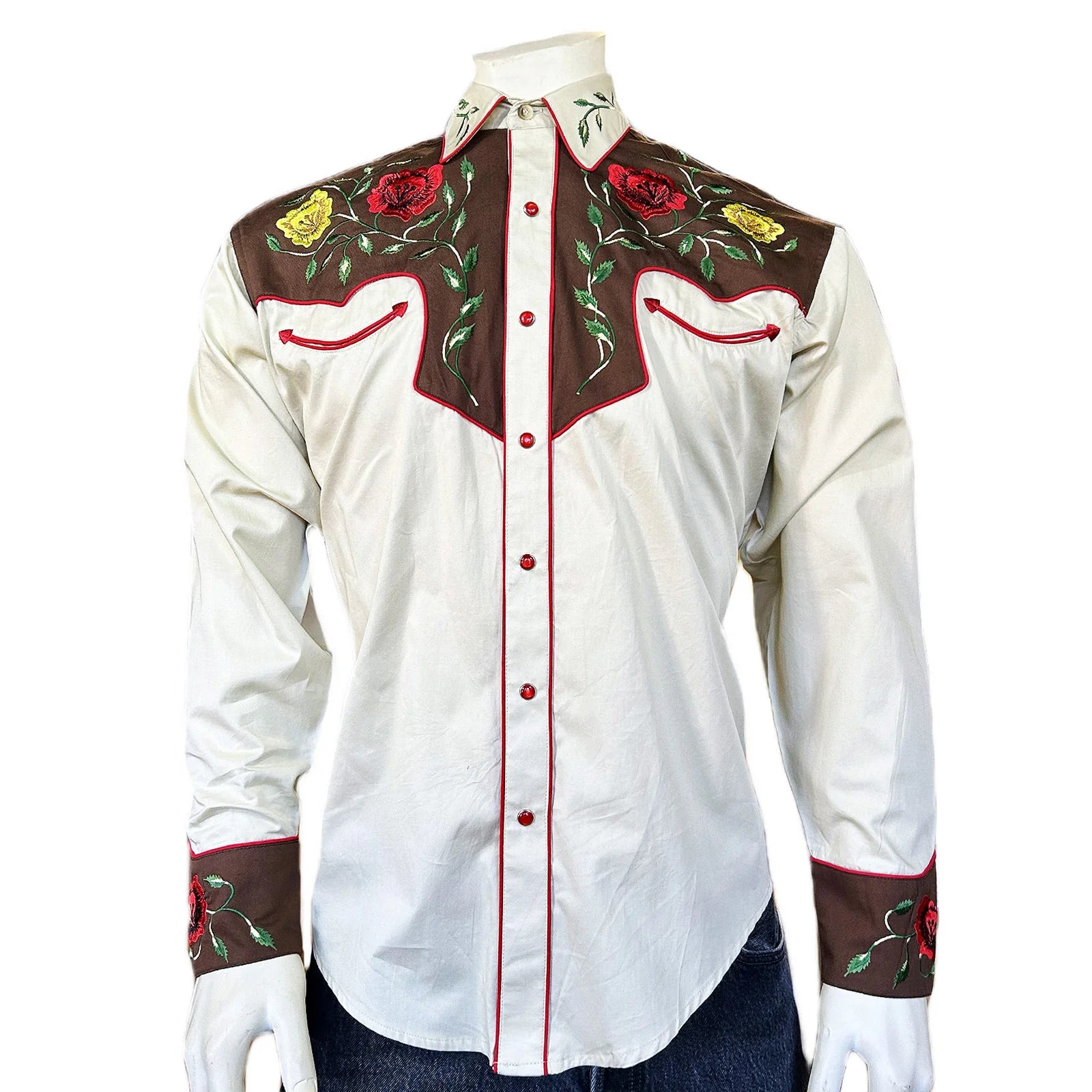 Rockmount Ranch Wear Men's Western Vintage Shirt Floral Embroidery Tan Front on Mannequin