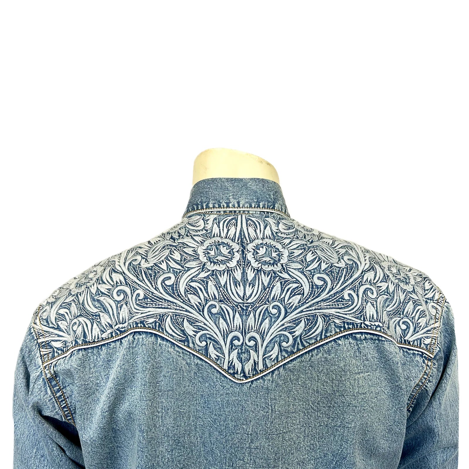 Rockmount Ranch Wear Men's Vintage Western Shirt Floral Tooling on Denim Back