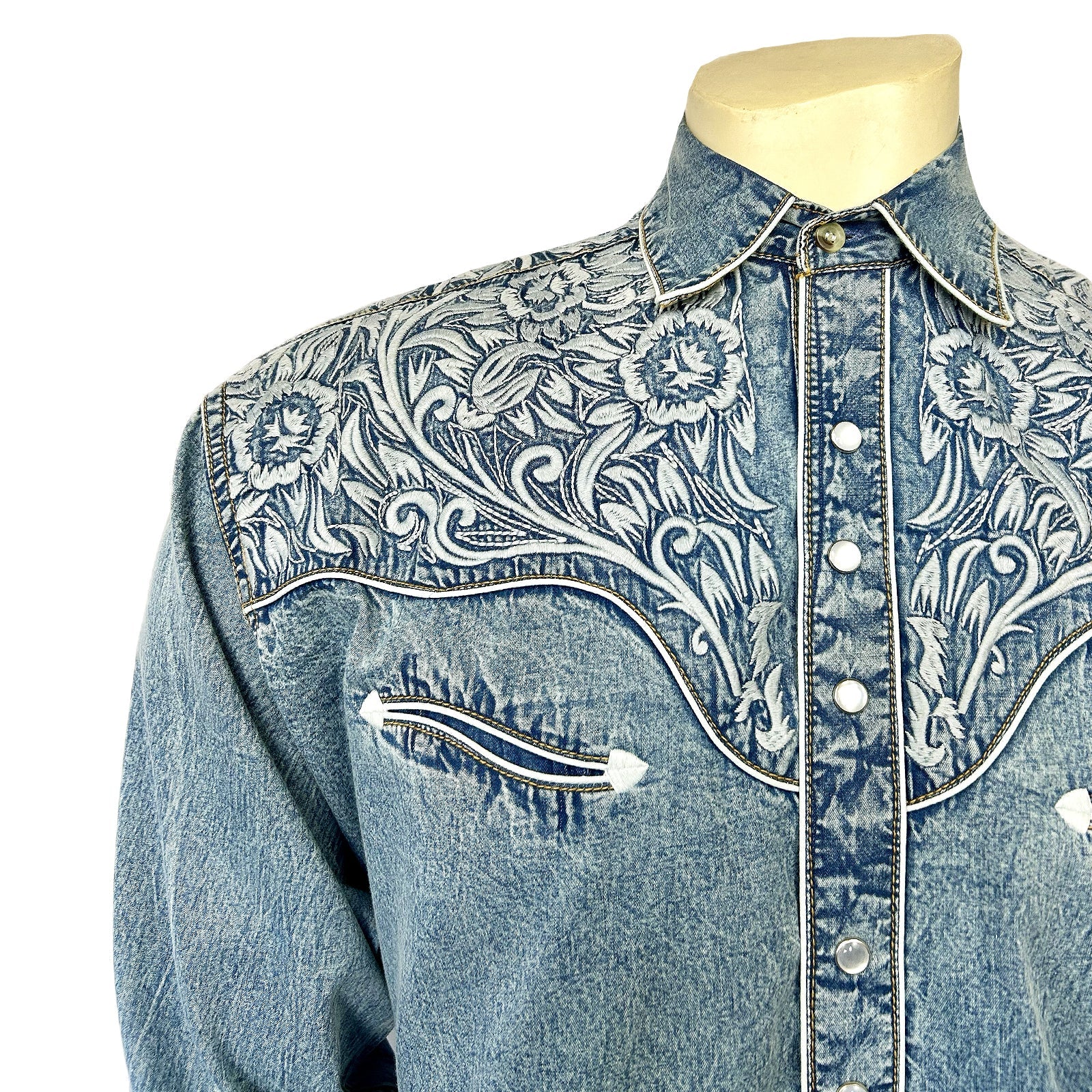 Rockmount Ranch Wear Men's Vintage Western Shirt Floral Tooling on Denim Front