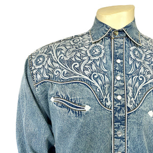 Rockmount Ranch Wear Men's Vintage Western Shirt Floral Tooling on Denim Front