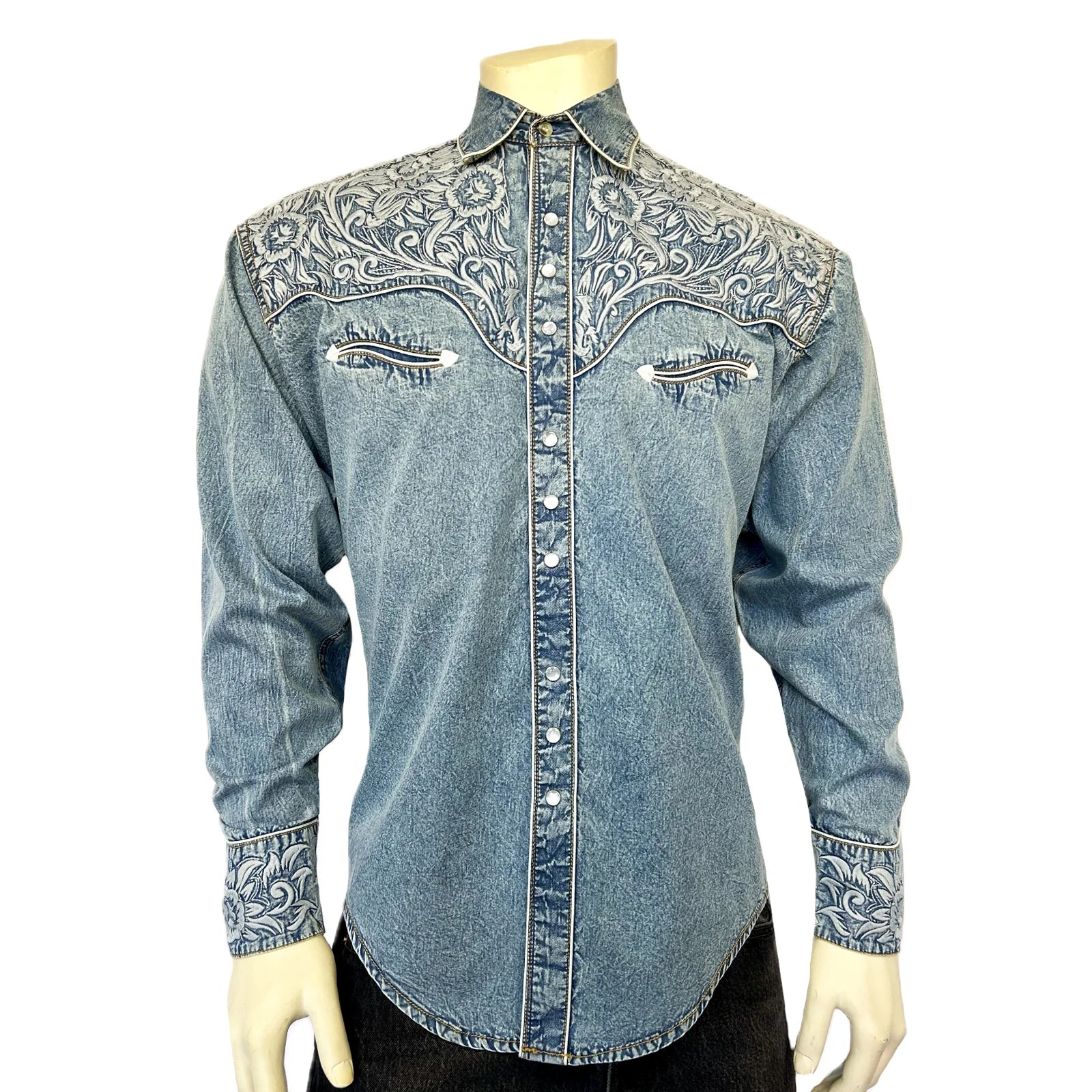 Rockmount Ranch Wear Men's Vintage Western Shirt Floral Tooling on Denim Front