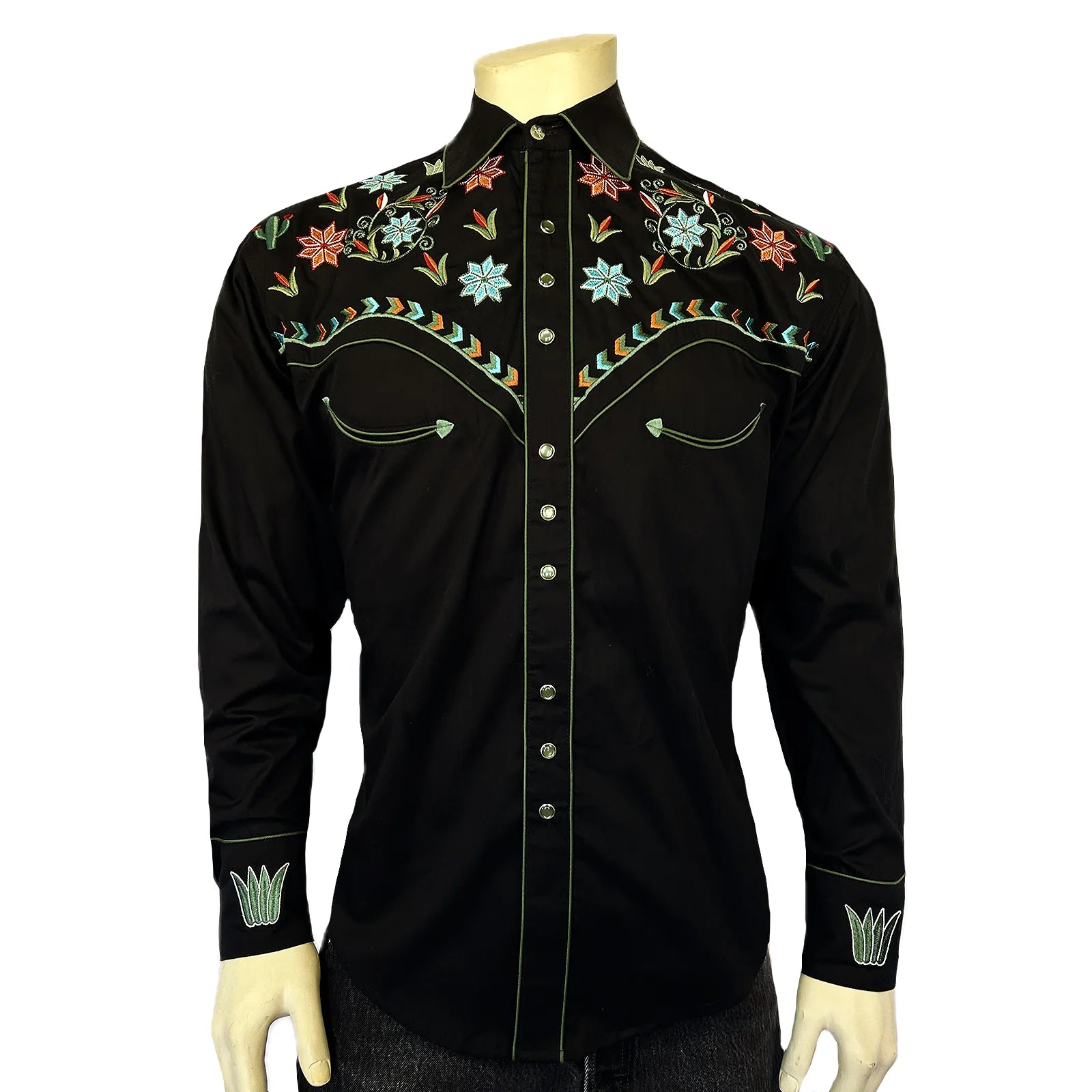 Rockmount Ranch Wear Men's Agave Cactus Floral Embroidery Black Front