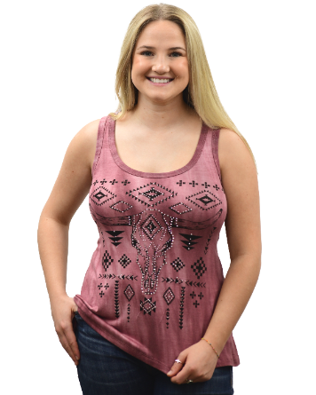 Liberty Wear Ladies' Steer Head Skull Tank Burgundy Front