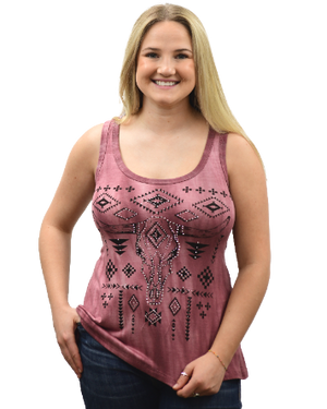 Liberty Wear Ladies' Steer Head Skull Tank Burgundy Front