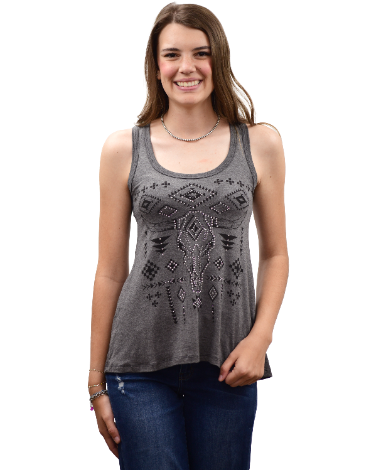 Liberty Wear Ladies' Steer Head Skull Tank Grey Front