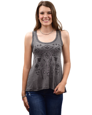 Liberty Wear Ladies' Steer Head Skull Tank Grey Front