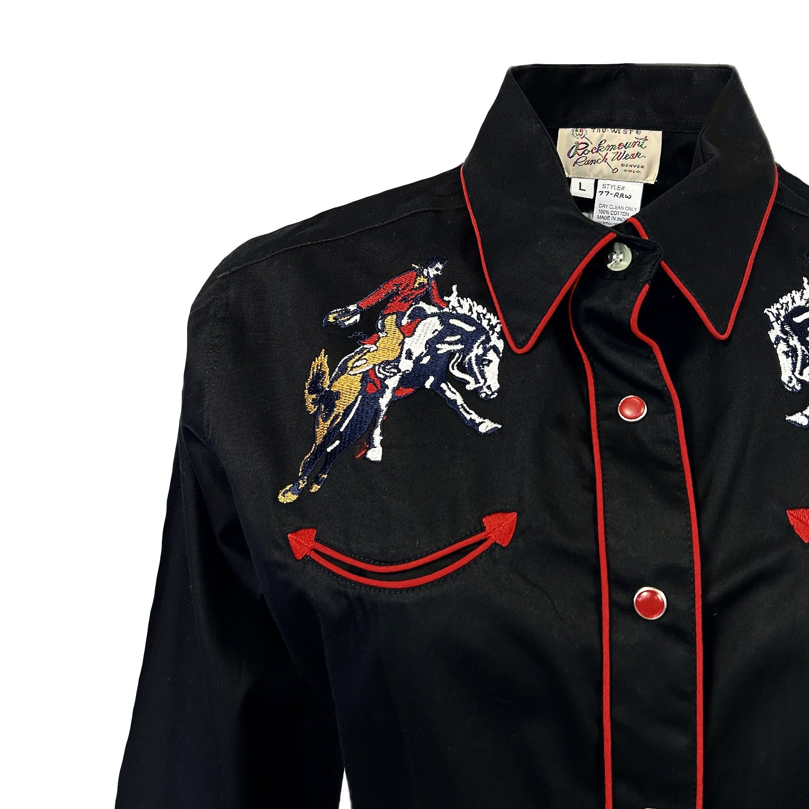 Rockmount Ranch Wear Ladies Vintage Western Shirt Rockmount Bronc Logo  Black Front