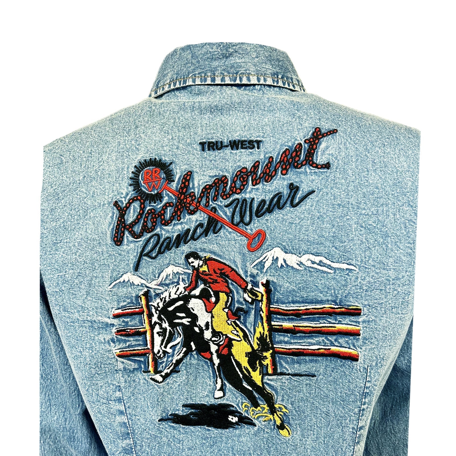 Rockmount Ranch Wear Ladies Vintage Western Shirt Rockmount Bronc Logo  Denim Back