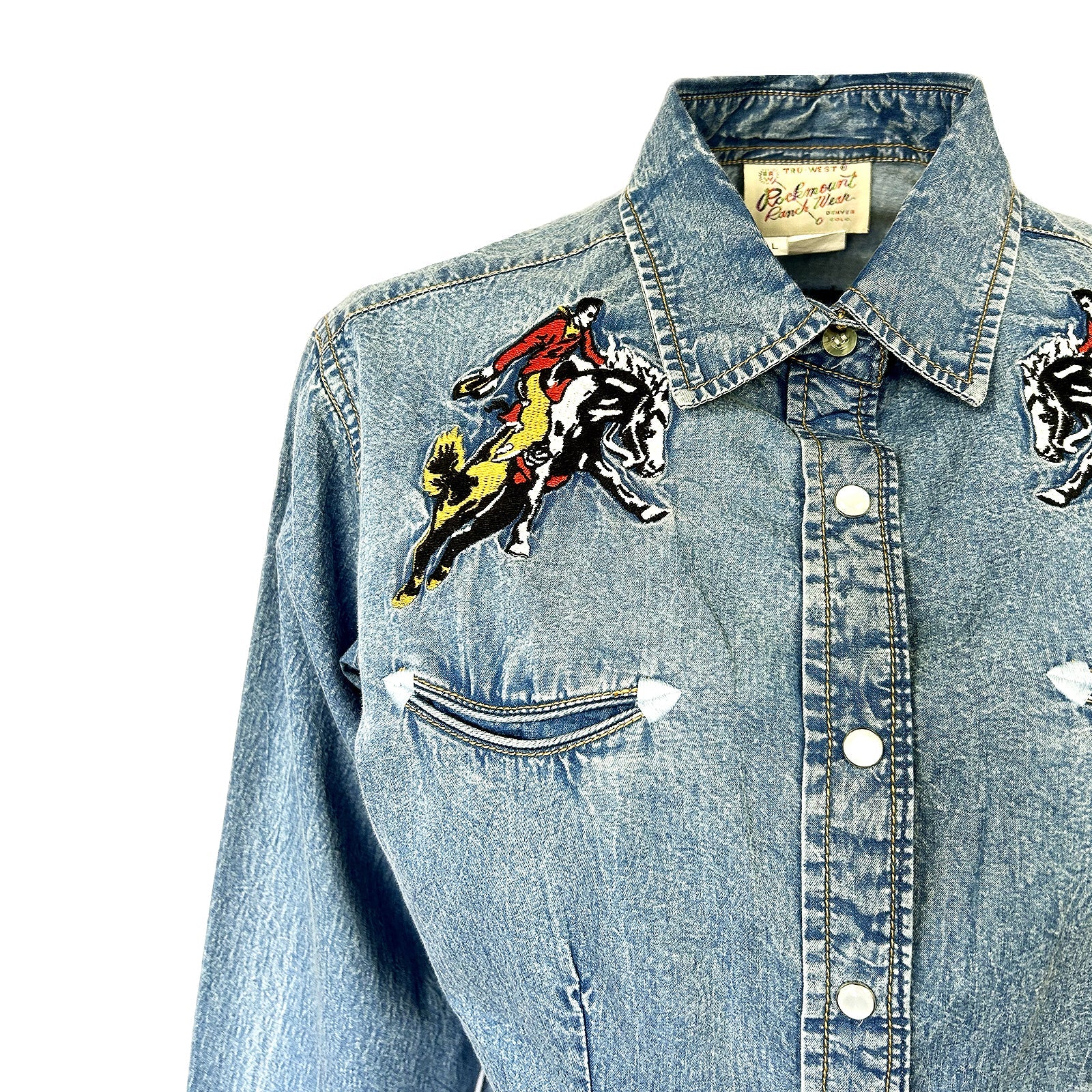 Rockmount Ranch Wear Ladies Vintage Western Shirt Rockmount Bronc Logo  Denim Front