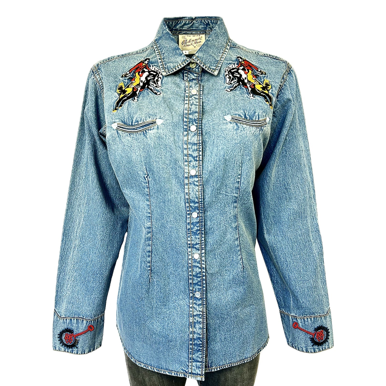 Rockmount Ranch Wear Ladies Vintage Western Shirt Rockmount Bronc Logo  Denim Front