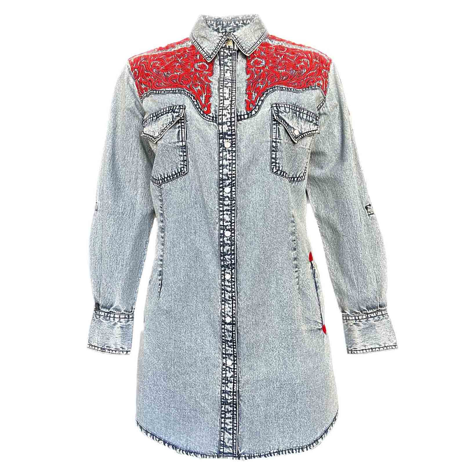 Rockmount Denim Dress with Red Tooled Embroidery Front