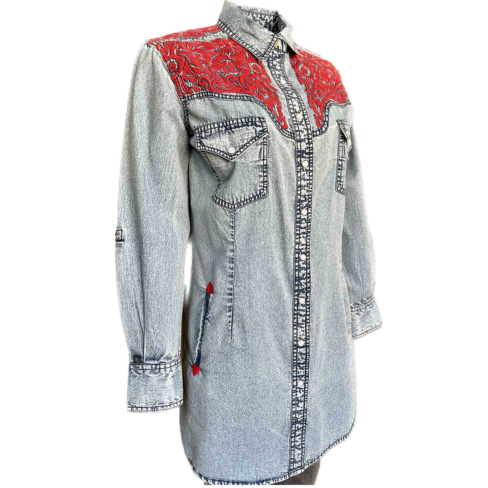 Rockmount Denim Dress with Red Tooled Embroidery Side View