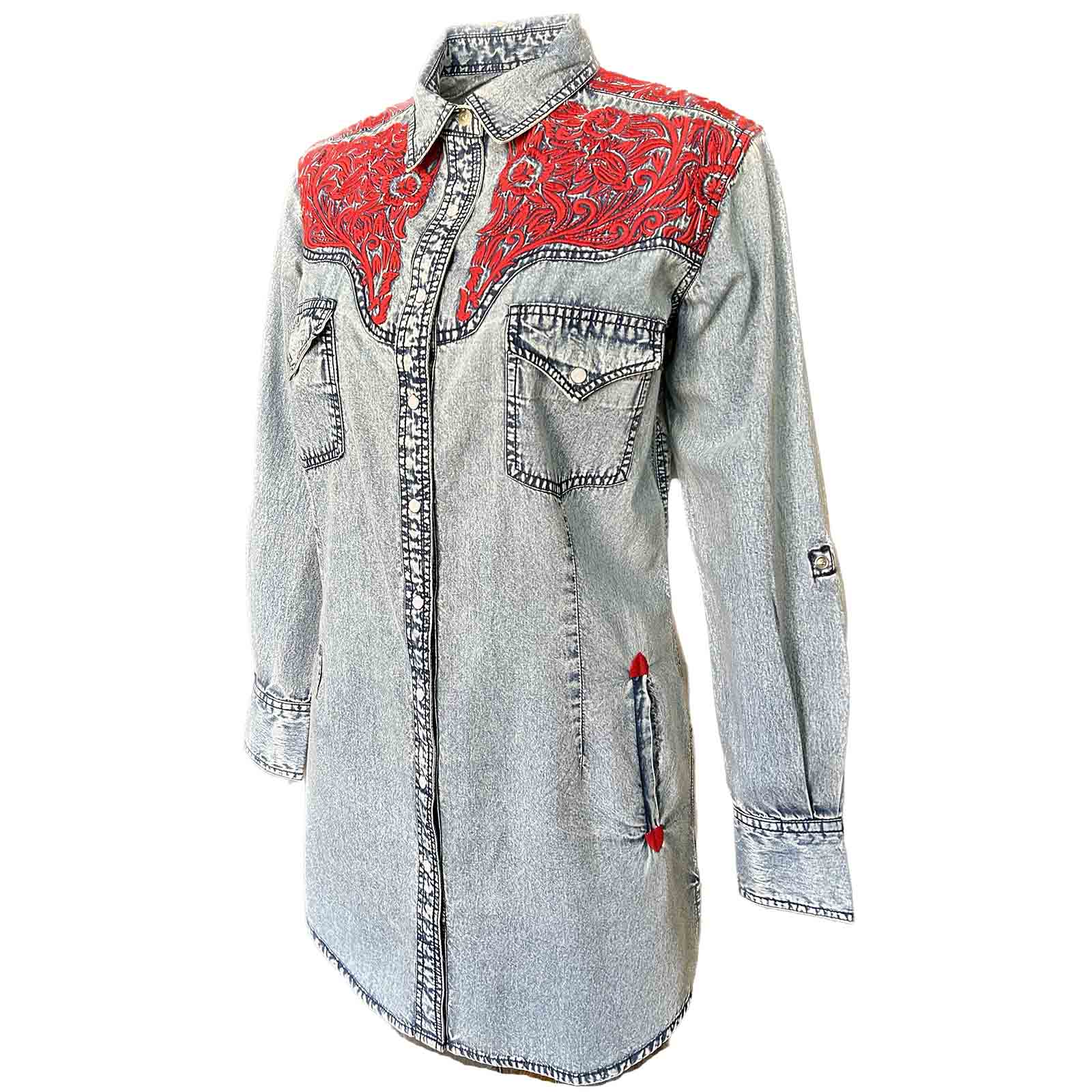 Rockmount Denim Dress with Red Tooled Embroidery Side View