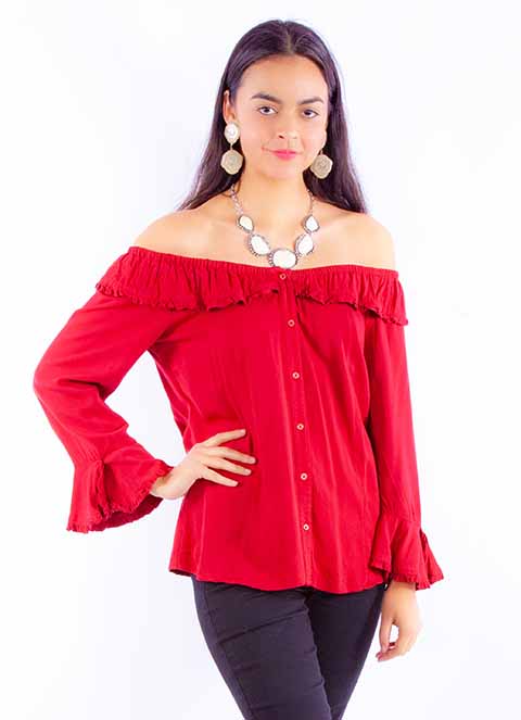 Scully Ladies' Honey Creek Off The Shoulder Top with Ruffles Red Front