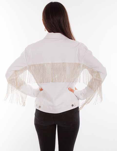 Scully Honey Creek Ladies White Denim Jacket with Rhinestone Fringe Back