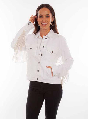 Scully Honey Creek Ladies White Denim Jacket with Rhinestone Fringe Front