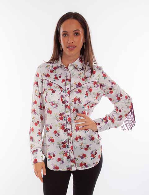 Scully Ladies' Honey Creek Red Floral Fringe Shirt Front