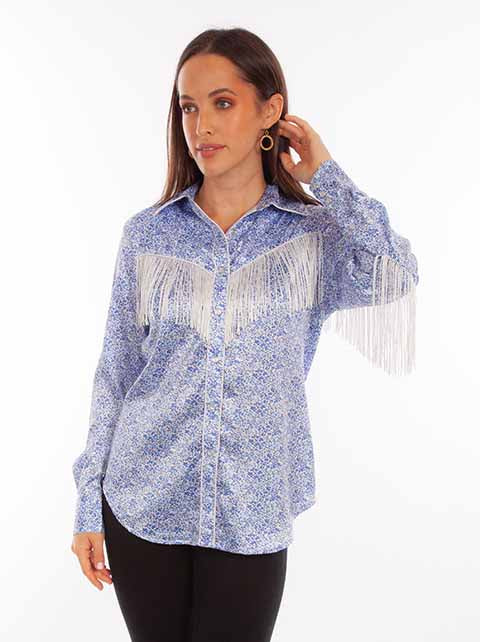 Scully Ladies' Honey Creek Blue Floral Fringe Shirt Front