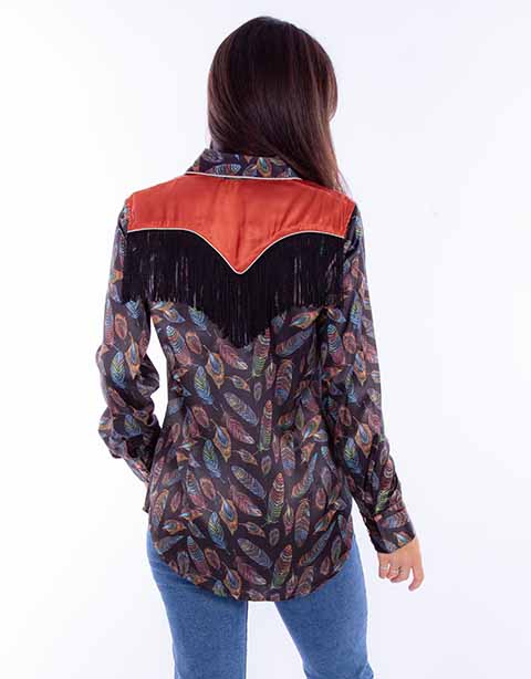 Scully Ladies' Honey Creek Feather Print Fringe Shirt Front