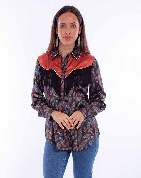 Scully Ladies' Honey Creek Feather Print Fringe Shirt Front