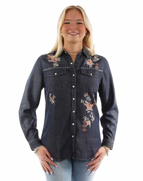 Scully Ladies' Honey Creek Floral Embroidery Blue Front