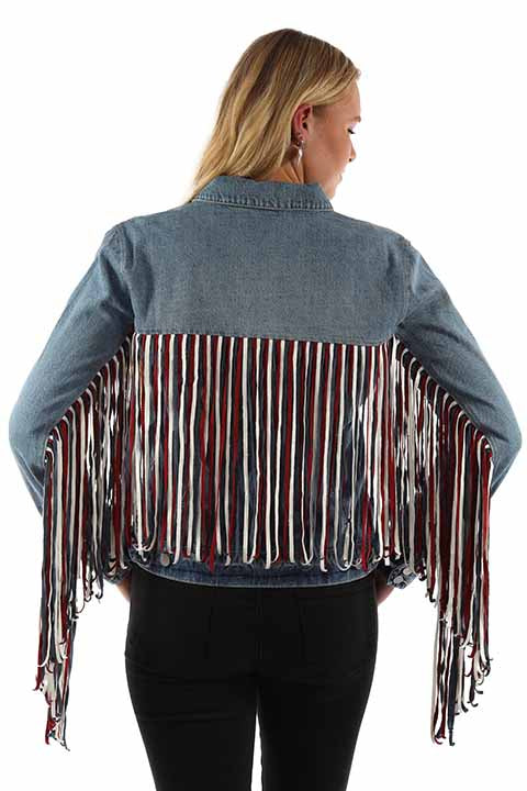 Scully Ladies' Honey Creek Denim Jacket Red White Blue Fringe Front