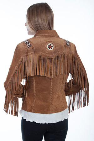 Scully Ladies' Leather Suede Fringe Jacket with Beads and Hand Lacing Bourbon Back